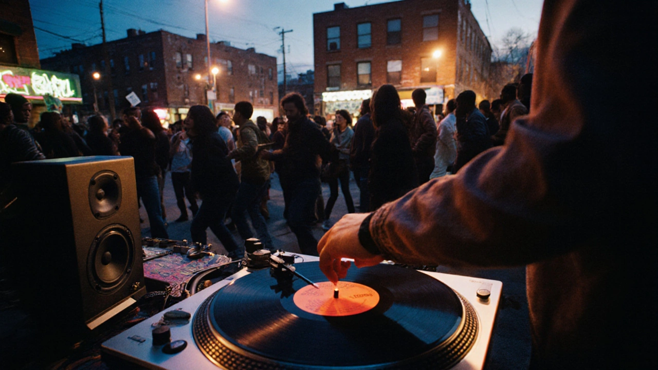 Bronx block party DJ spins a soul record while dancers move under streetlights.