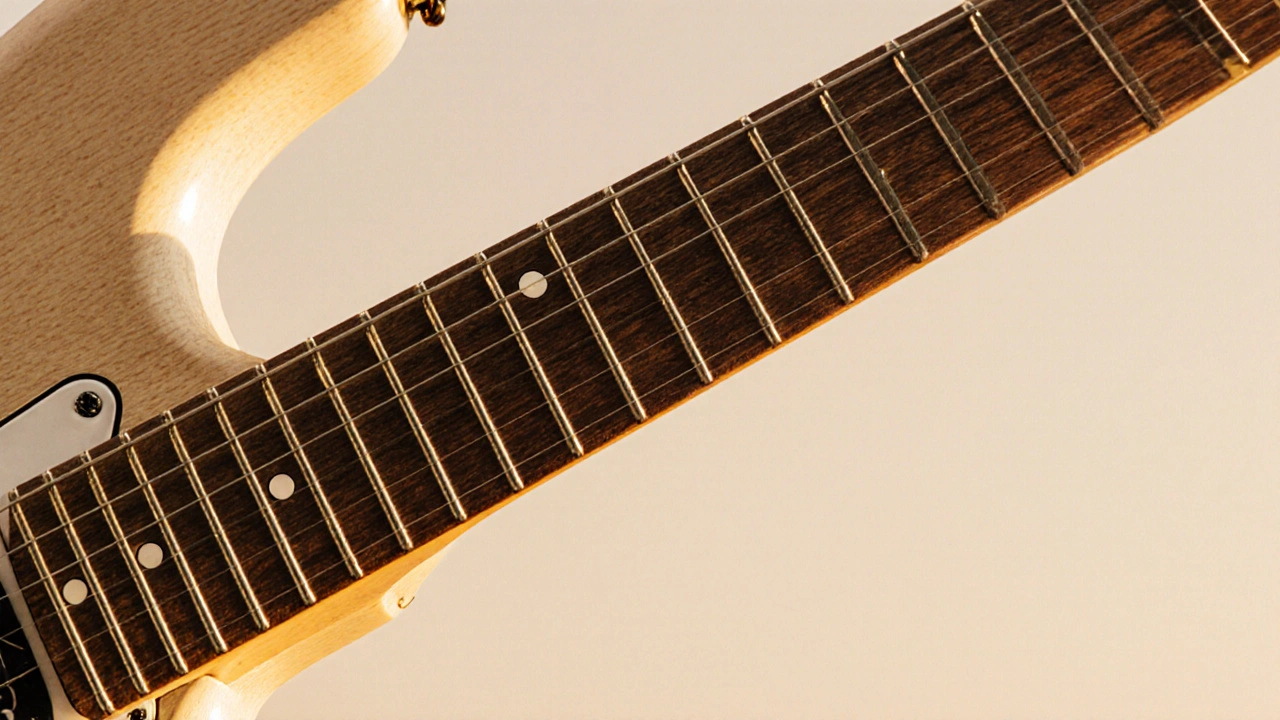 Close‑up of a maple neck with rosewood fingerboard and ash body featuring single‑coil pickups.