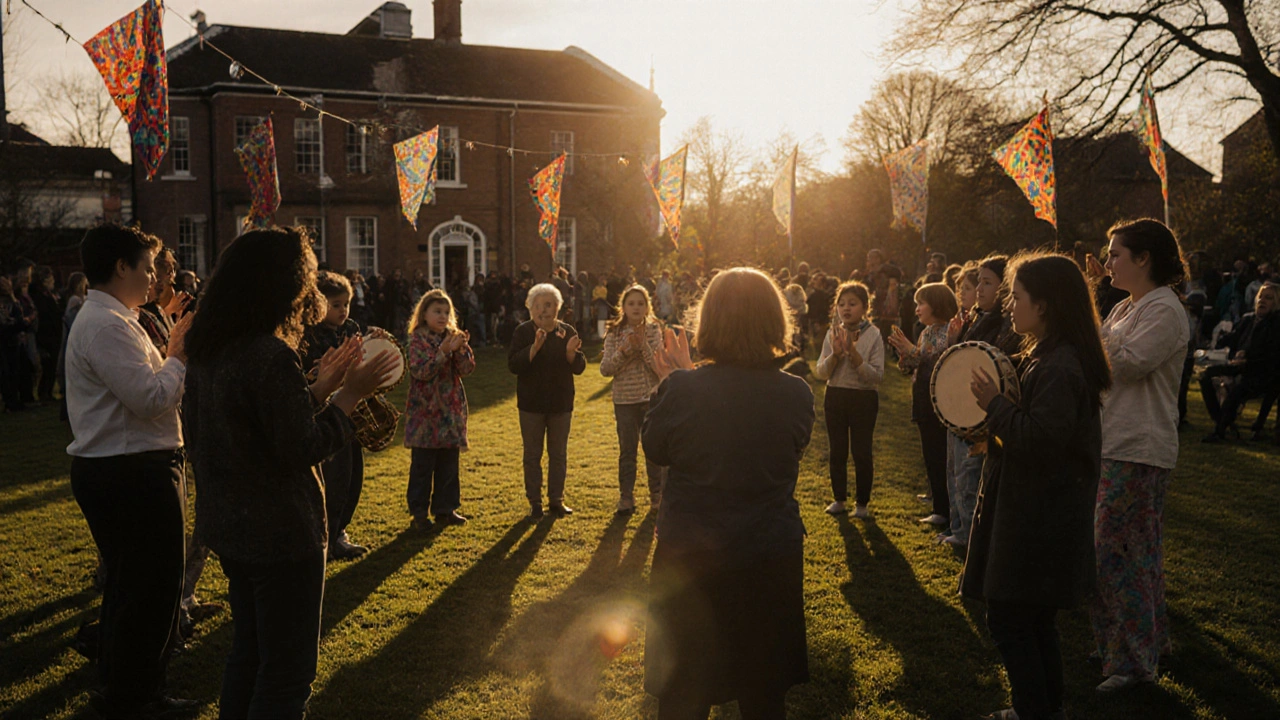 Community music circle in a UK park with diverse participants at golden hour.