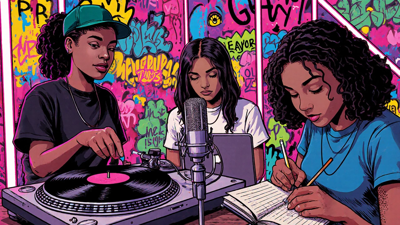 Female hip‑hop artists creating music together in a colorful studio with graffiti backdrop.