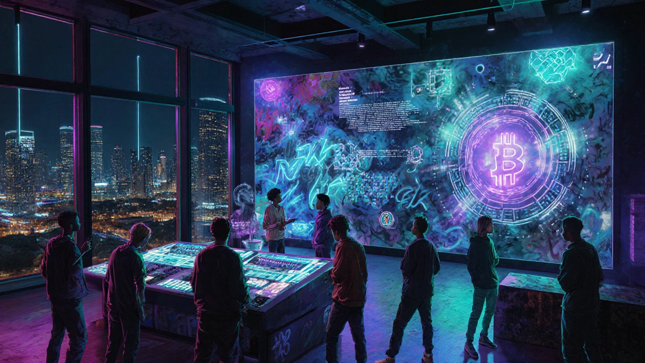 Futuristic community hip‑hop space where youths use AI beat tools and holographic graffiti.