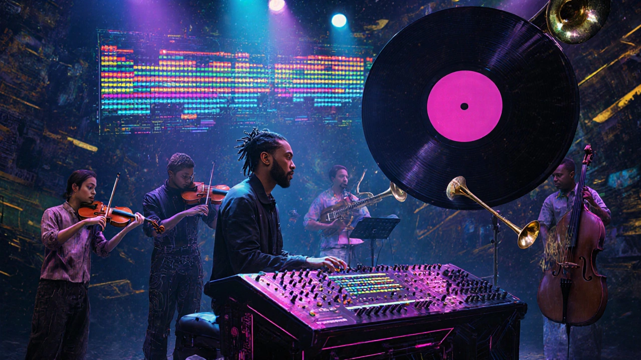 Futuristic studio scene blending holographic soul samples with live musicians.