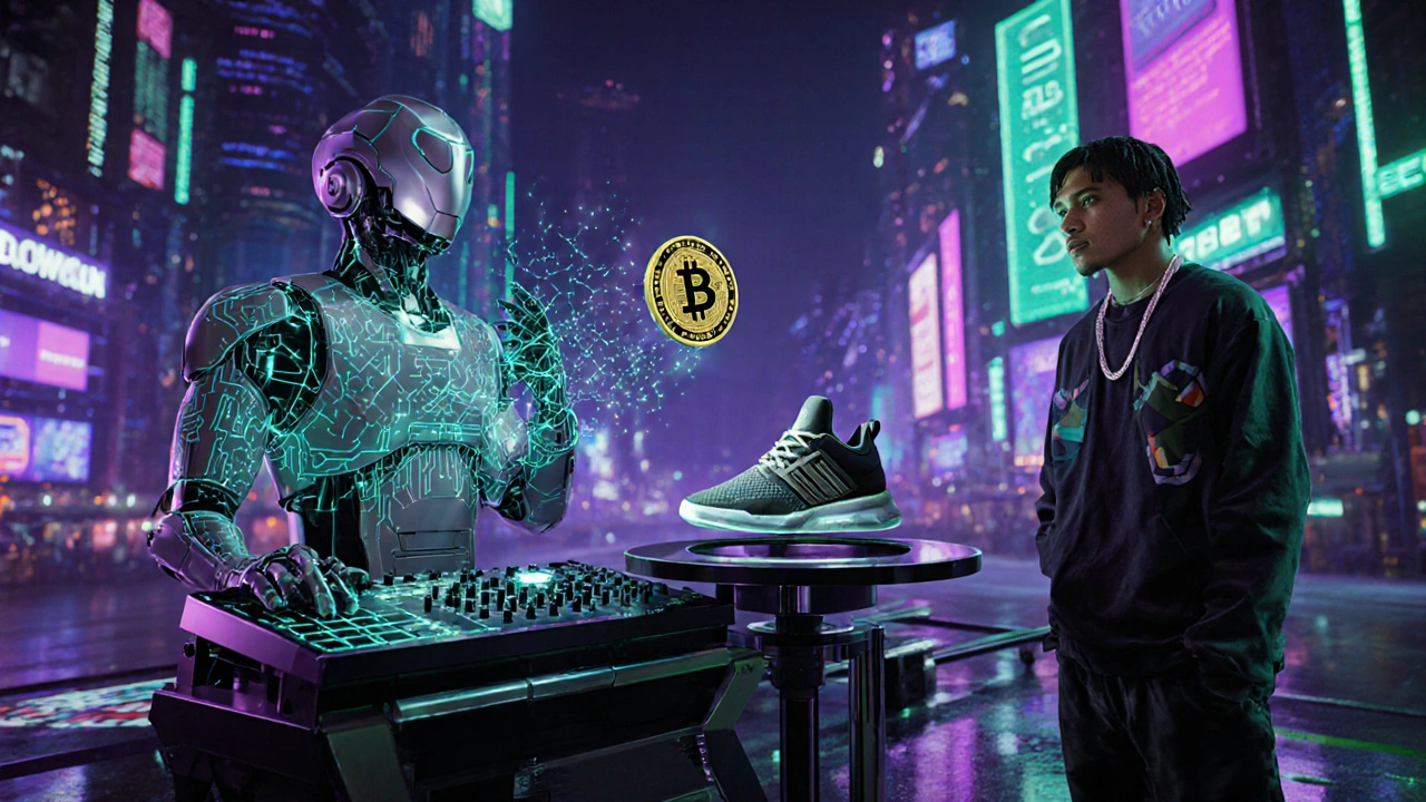 Futuristic studio with AI beat console, rapper, floating NFT and sneaker on display.