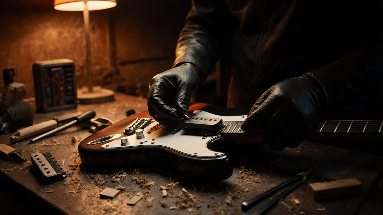 Guitarist's hands installing a new humbucker pickup on a hard‑tail bridge in a workshop.