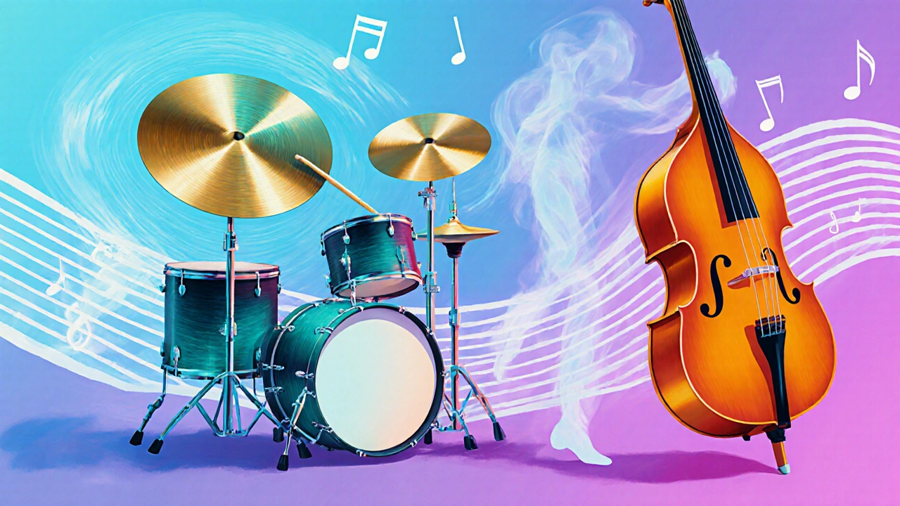 Illustrated drummer and upright bass visualizing swing rhythm with flowing notes.