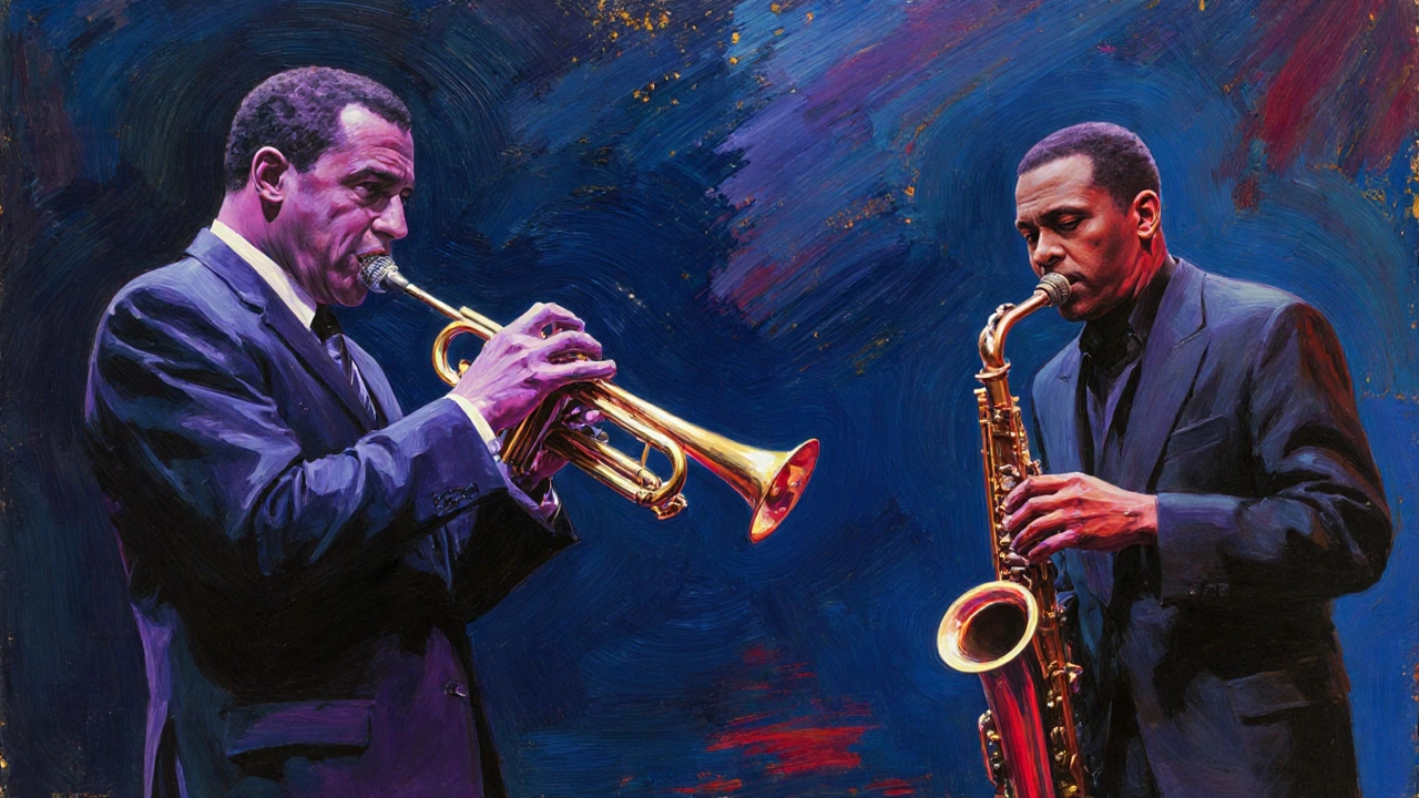 Impressionistic painting of Miles Davis on trumpet and John Coltrane on sax.