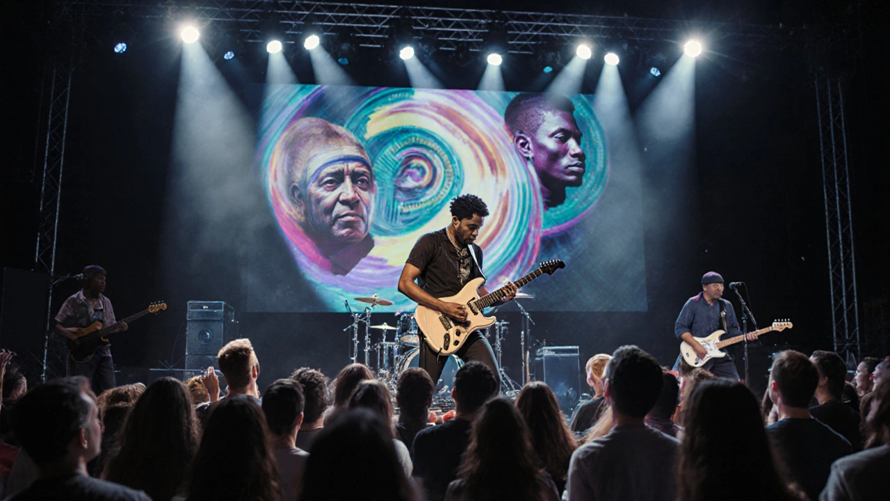 Modern blues artist Kingfish performing at a festival with digital ancestral projections.