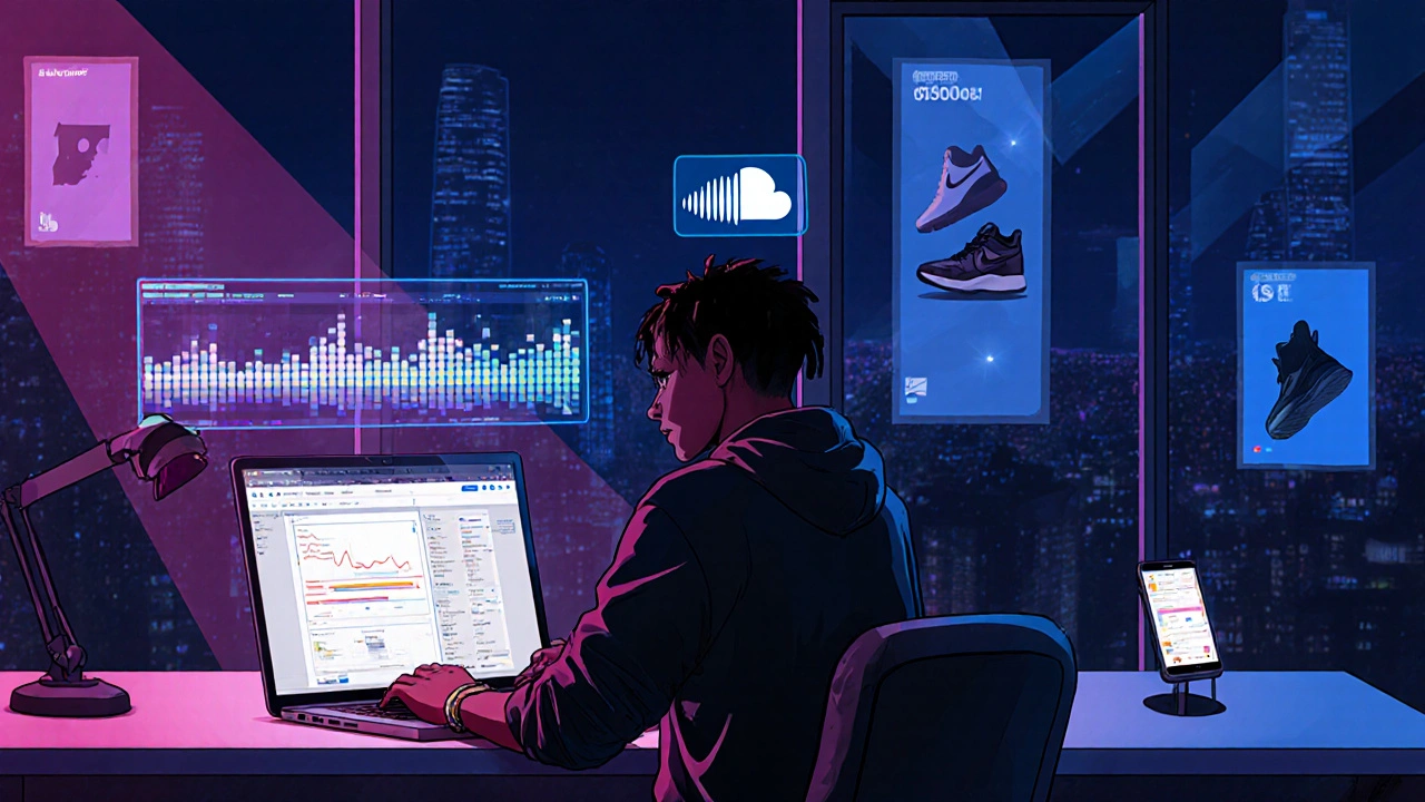 Modern rapper in a neon‑lit loft studio uploading a track with holographic waveforms.