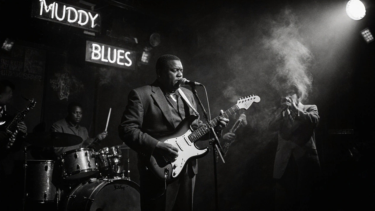Muddy Waters performing electric blues in a smoky 1950s Chicago club.