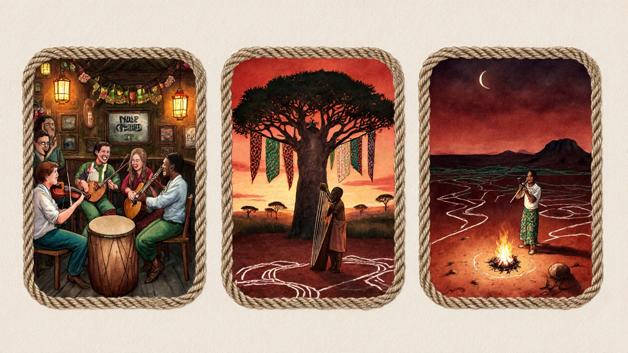 Triptych showing Irish pub session, West African griot, and Australian songlines.