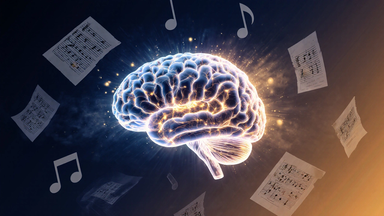 A glowing brain with neural pathways lit by musical notes, symbolizing focus and creativity.
