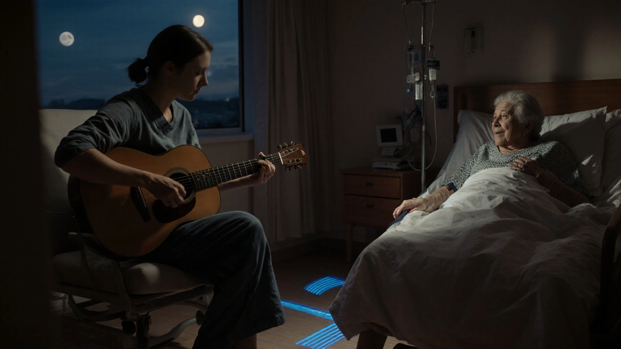 A music therapist plays guitar for a patient in a hospital room at twilight.