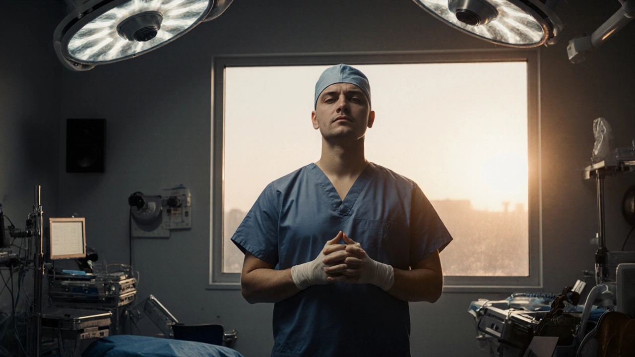 A neurosurgeon meditating calmly in a surgical prep room as string music plays through speakers.
