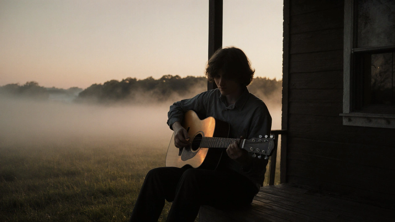 A solitary figure plays acoustic guitar on a misty porch at dawn.