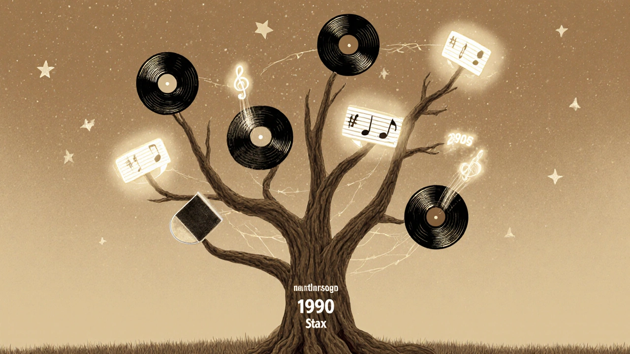 A tree with vinyl record roots growing into a sky of floating musical notes, representing soul&#039;s timeless evolution.