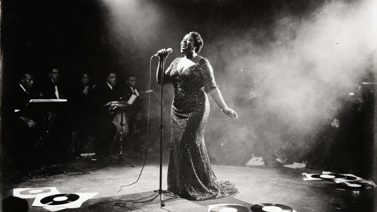 Bessie Smith performs on stage in the 1920s, eyes closed, roaring into a microphone under a spotlight.