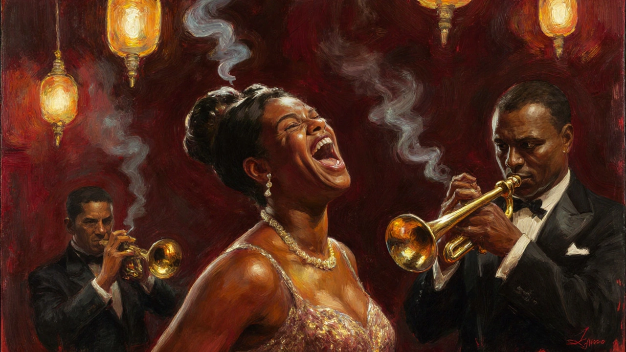 Bessie Smith singing passionately in a jazz club with Louis Armstrong playing trumpet nearby.