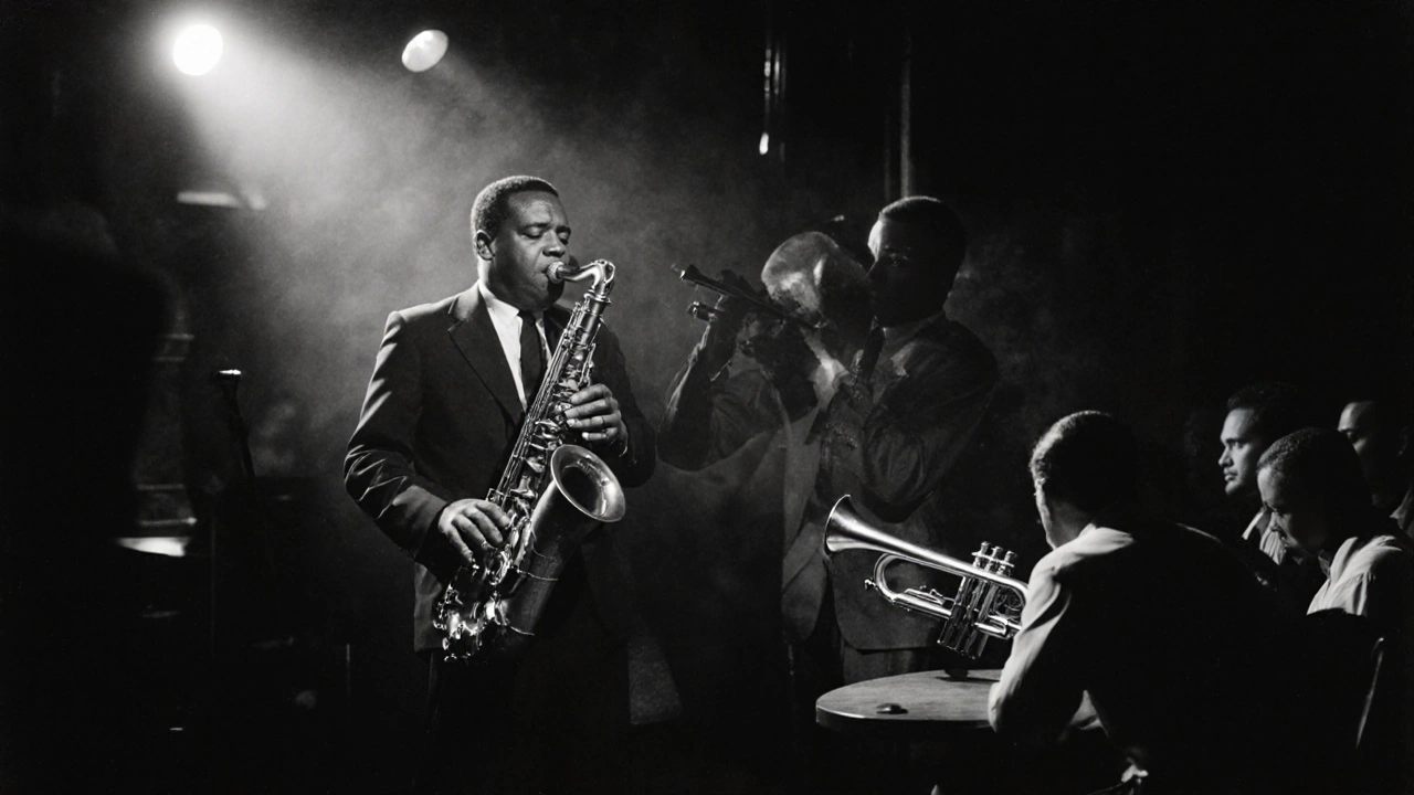 Black-and-white jazz club scene with Charlie Parker and Dizzy Gillespie performing bebop under a spotlight.