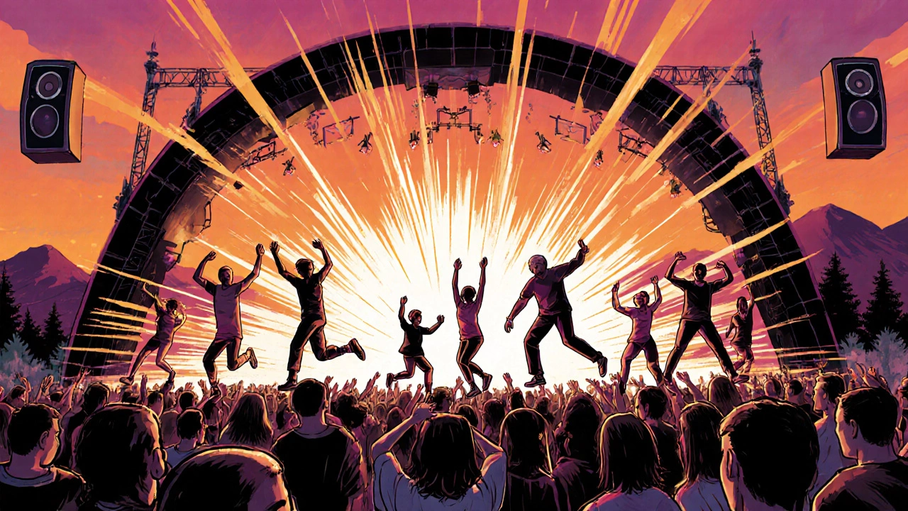 Festival crowd dancing under a sunset sky, motion lines showing explosive movements as bass waves radiate from speakers.
