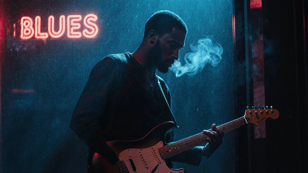 Gary Clark Jr. plays electric guitar in a smoky Chicago blues club, lost in the music under flickering neon.