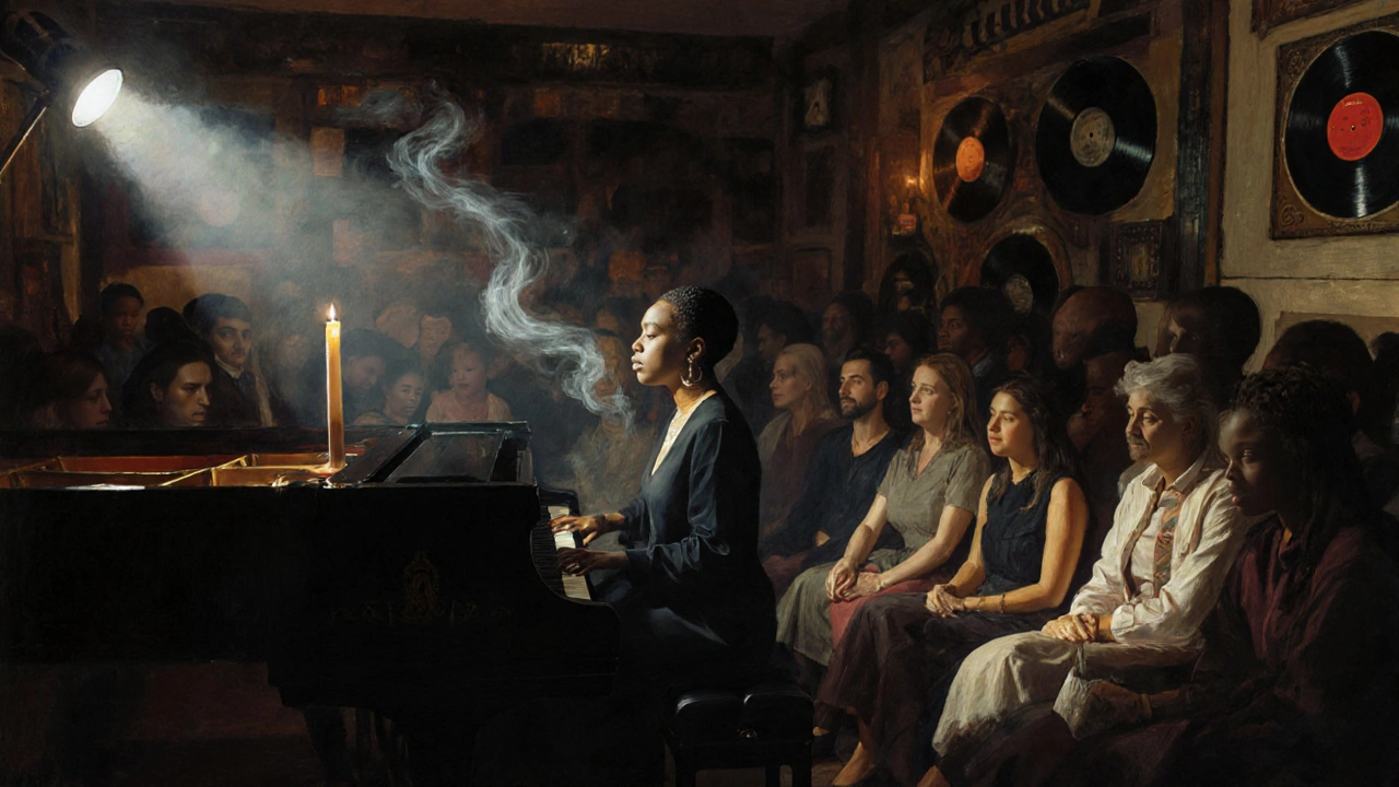 H.E.R. performing at a piano during a quiet soul night in a London bar, bathed in soft spotlight.