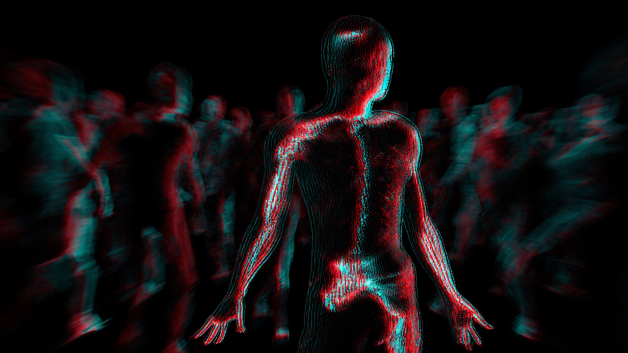 Human silhouette filled with vibrating bass waves, abstract limbs emerging as physical responses to sound.