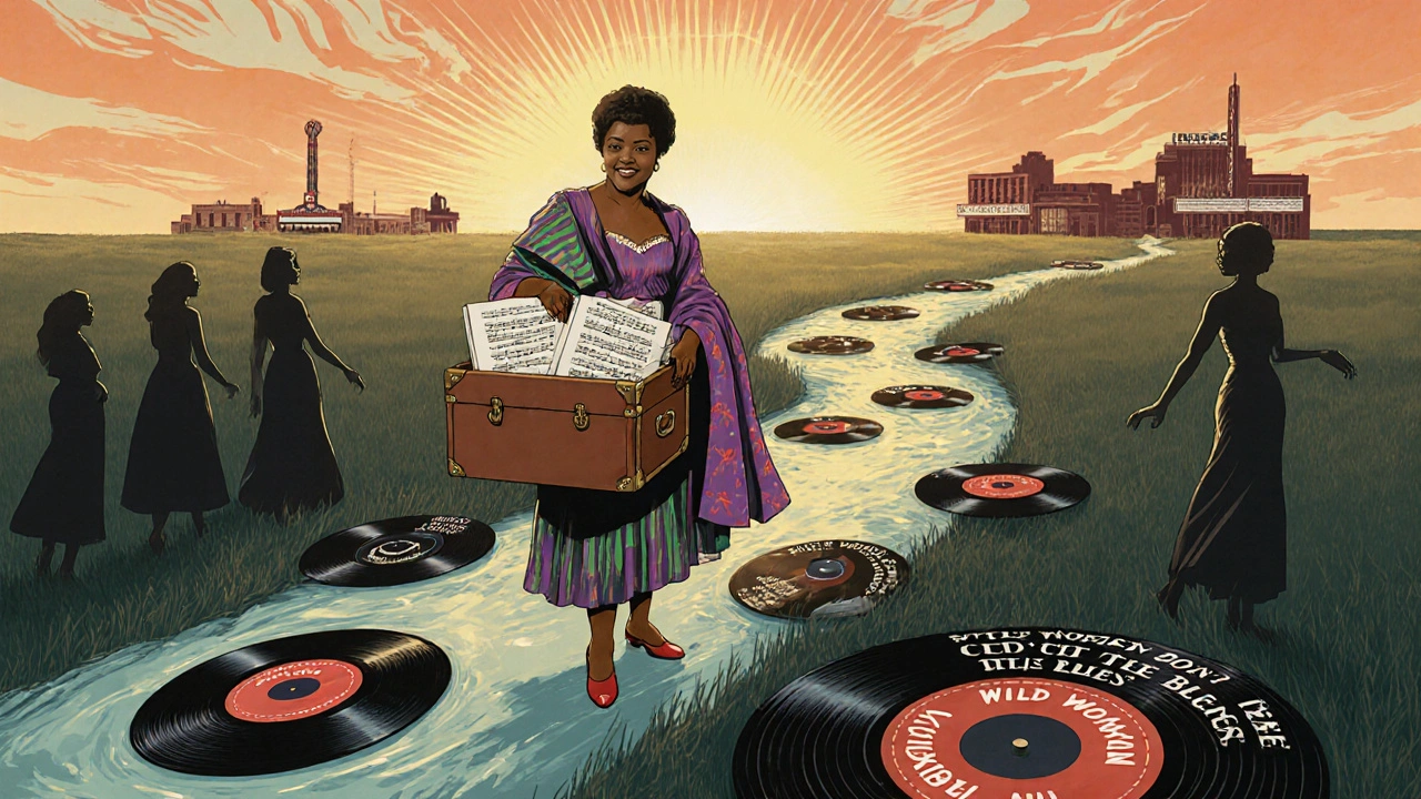 Ida Cox with a trunk of music, leading a path of vinyl records across America.