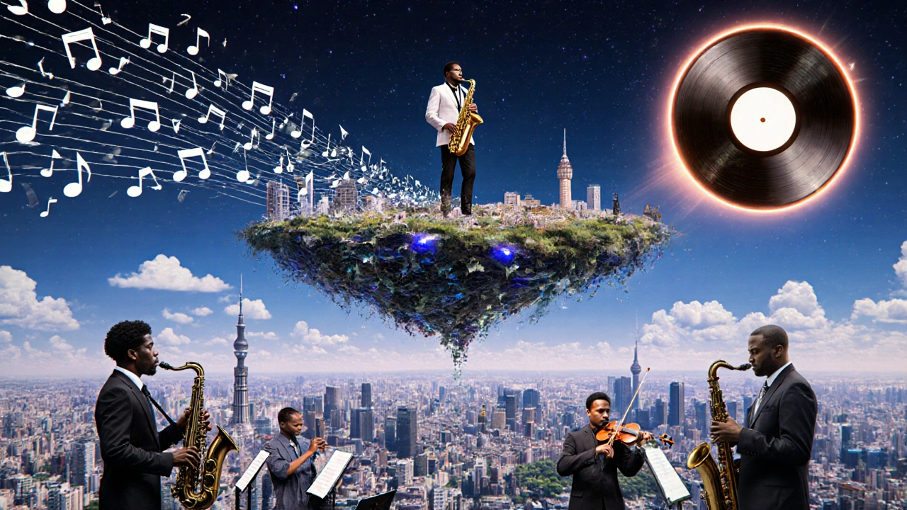 Modern jazz fusion vision with saxophonist atop soundwaves, blending hip-hop, classical, and digital elements.