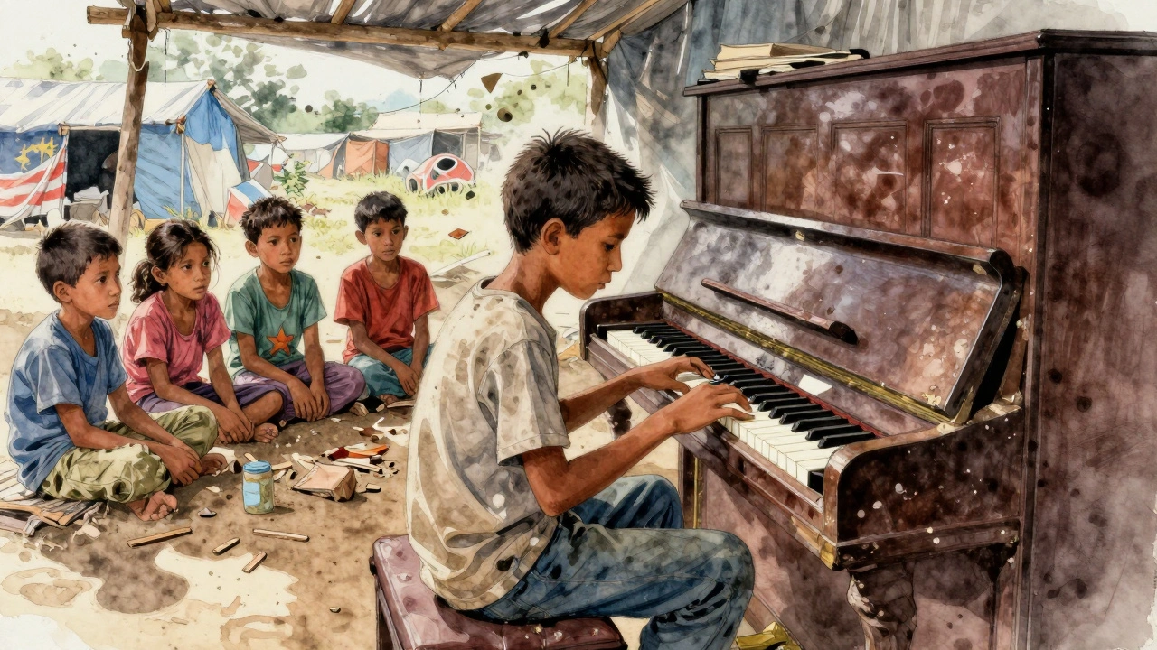 A boy using a pen to play a broken piano in a refugee camp.