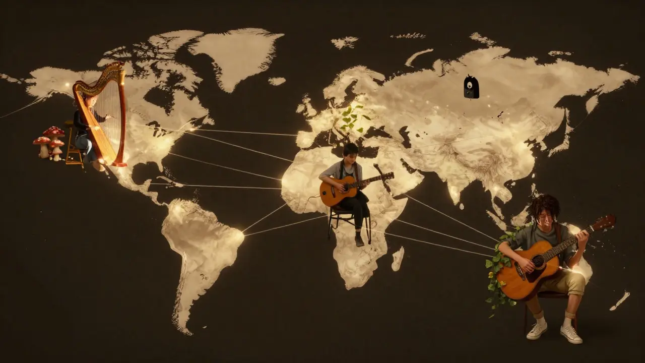 A global network of light threads connecting subgenre communities in intimate scenes.