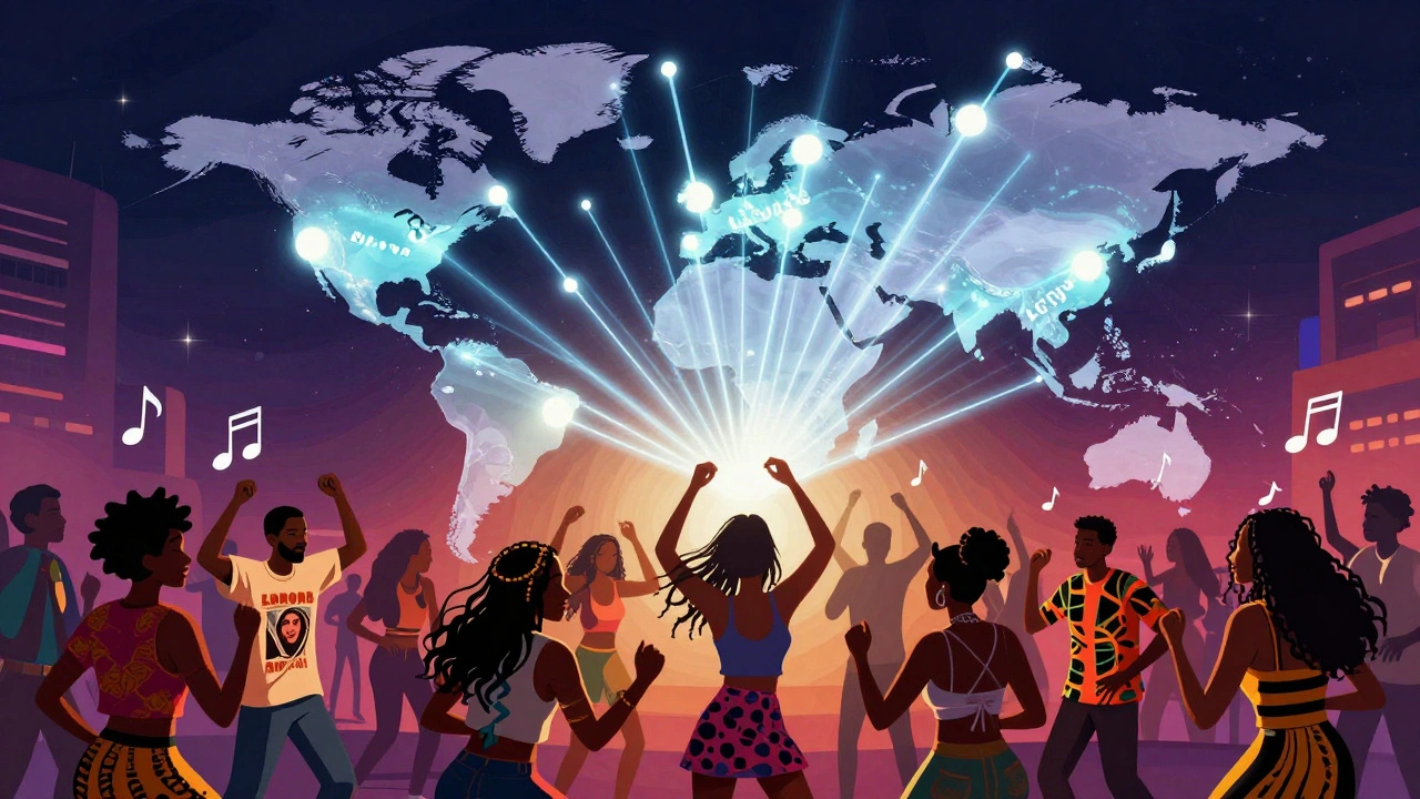 A glowing global map with interconnected music pulses converging over a diverse dancing crowd.
