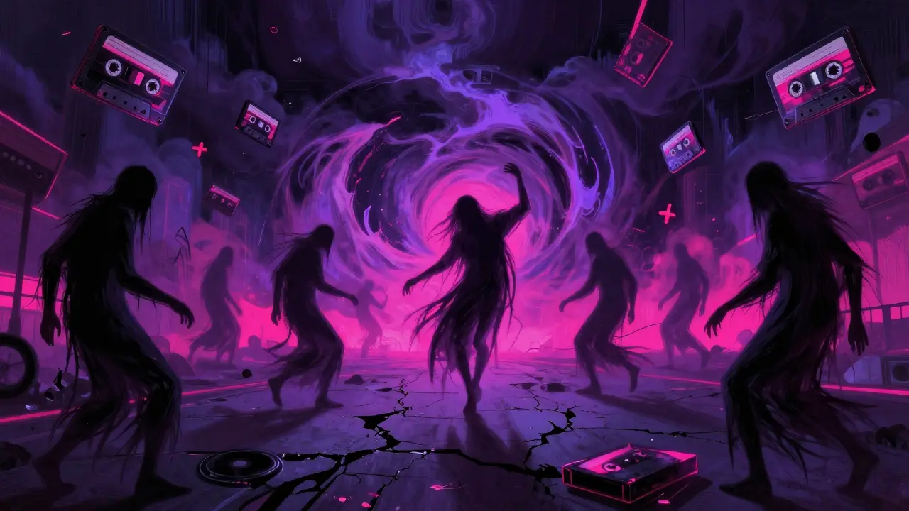 A surreal fusion of blackgaze and trap metal in a neon-lit chaotic landscape.