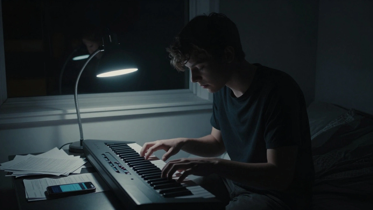 A teen playing piano at night, lost in emotion under a single lamp.