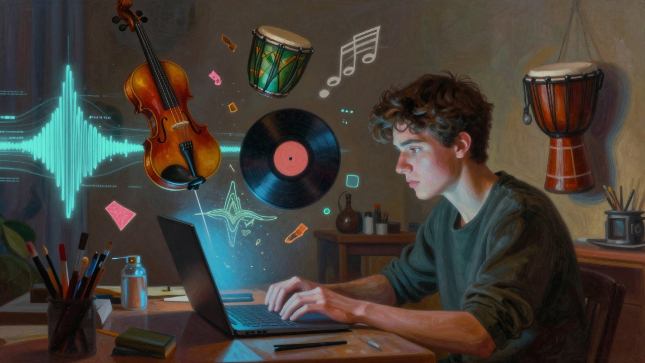 An artist in a bedroom studio surrounded by floating musical instruments and glowing digital waveforms.