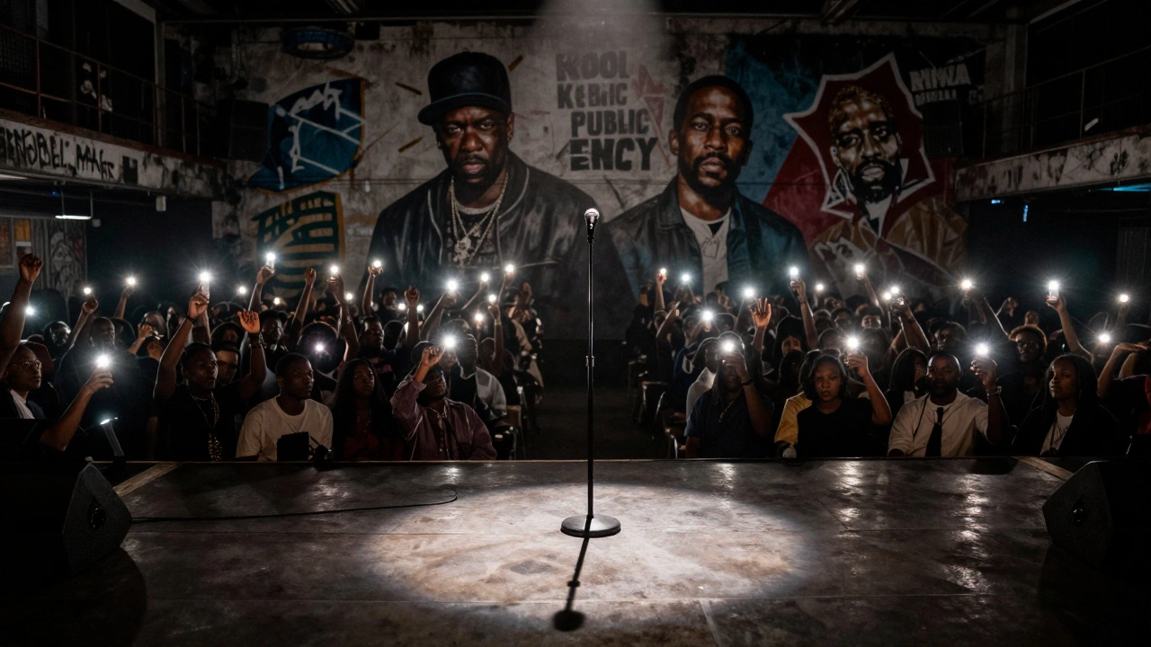 An empty microphone stand under glowing phone lights in a packed underground show.