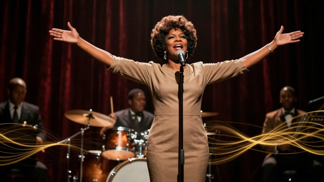 Aretha Franklin commanding the stage at Muscle Shoals, horns blaring, spotlight highlighting her power.