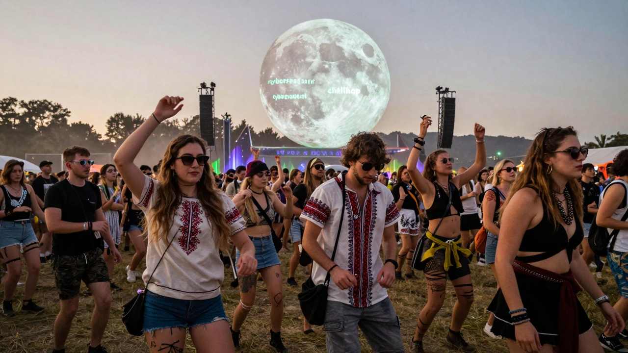 Diverse crowd dancing under a holographic moon projecting subgenre names at an underground festival.