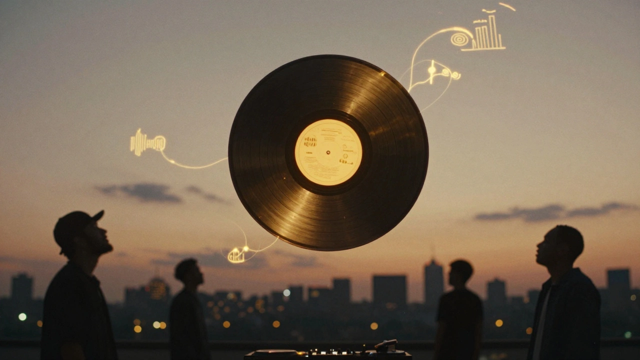 Floating vinyl record emitting soul samples into a city skyline at dusk