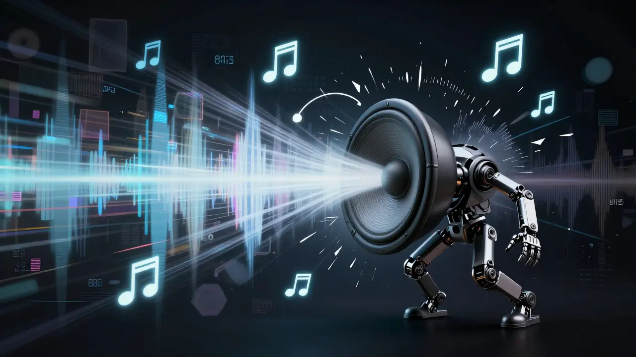 Human body as a vibrating speaker cone, mechanical movements synced to glowing bass pulses.