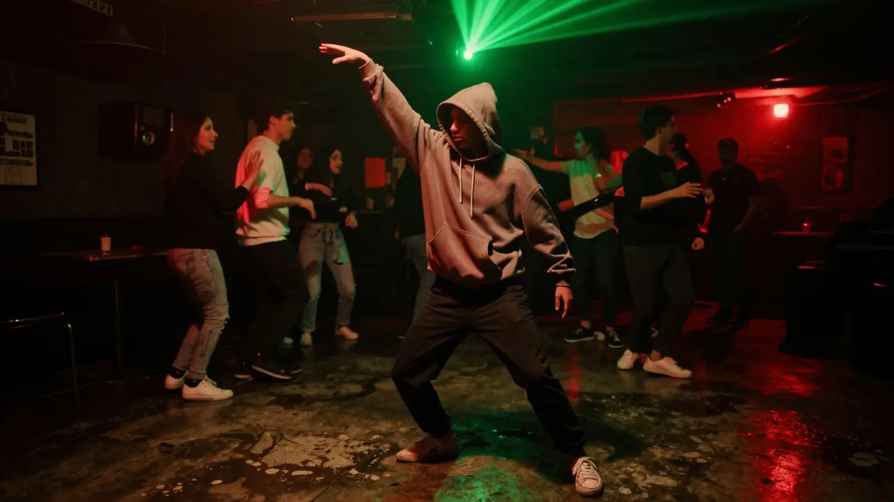 Lone dancer in hoodie mid-robotic freeze in a dark club, bass waves visible in the air.