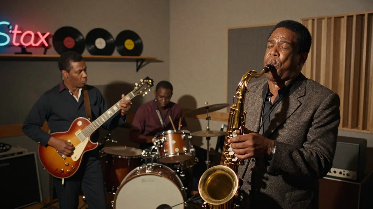 Otis Redding performing live at Stax Records, band playing in a dusty studio, saxophone in focus.