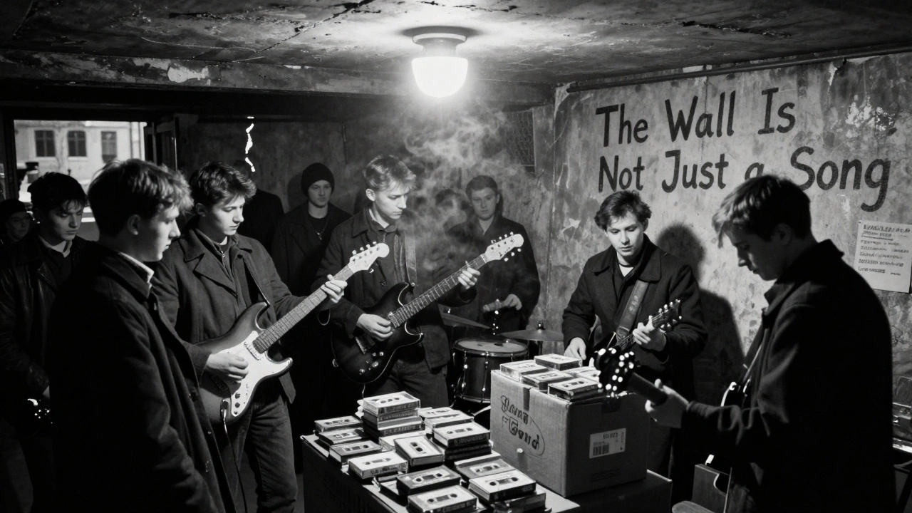 Secret 1980s Polish rock gig in a basement, youth listening intently to smuggled Western music.