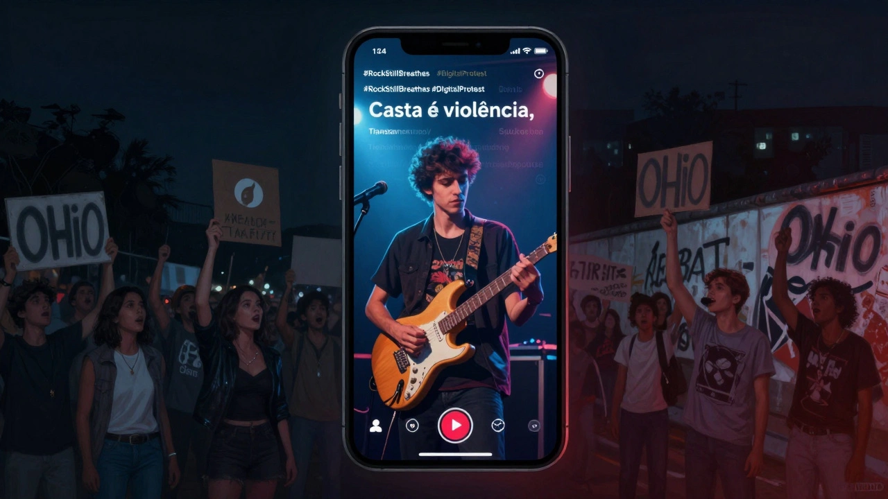 Smartphone screen showing a protest rock video with historic protest images fading in the background.