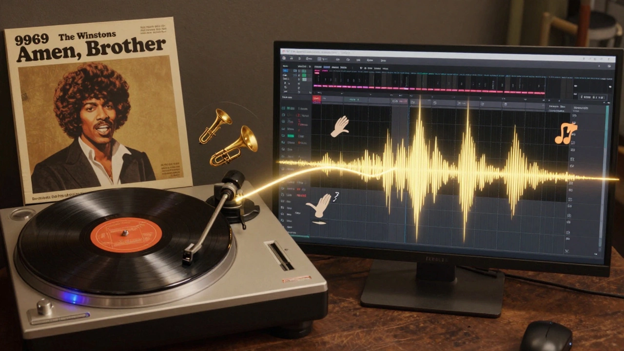 Split-screen of vinyl turntable and digital waveform connected by sound waves