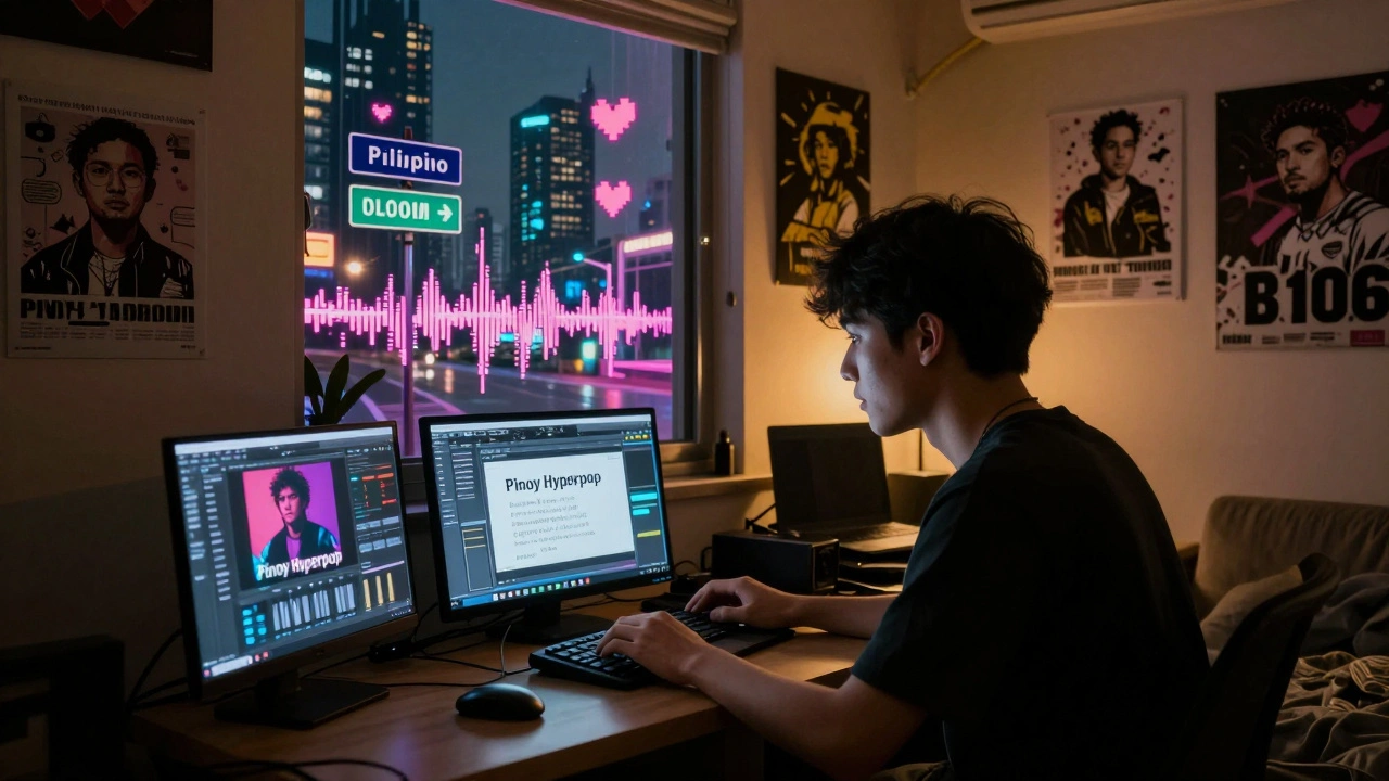 Young artist in Manila producing Pinoy hyperpop in a dim bedroom with glowing screens and fan art.