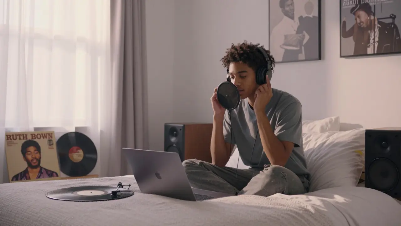 A modern artist recording R&amp;B in a sunlit bedroom surrounded by vintage vinyl records.