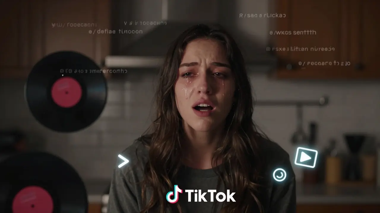 A raw vocal clip on a phone screen in a dark kitchen, tears on the singer's face as digital views and comments surround her.