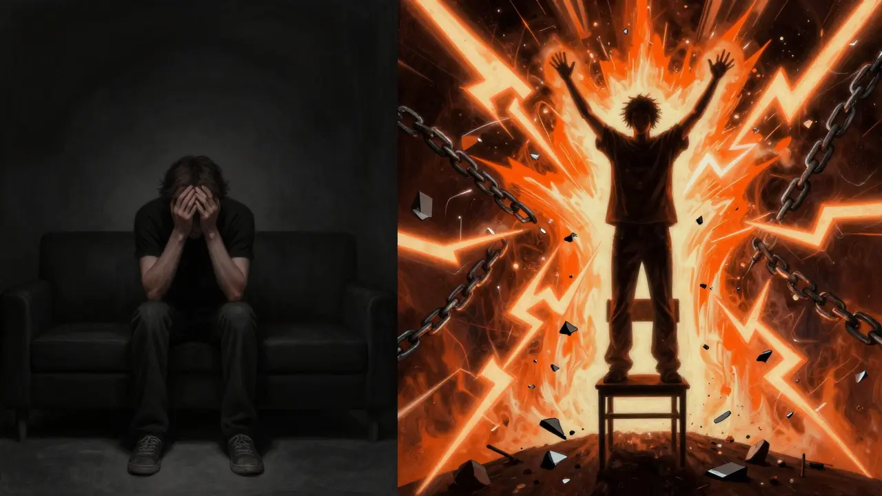 A young man transformed by sonic energy, surrounded by jagged lightning and chains breaking.