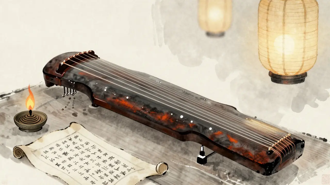 An ancient Chinese guqin zither beside incense and poetry under moonlight.