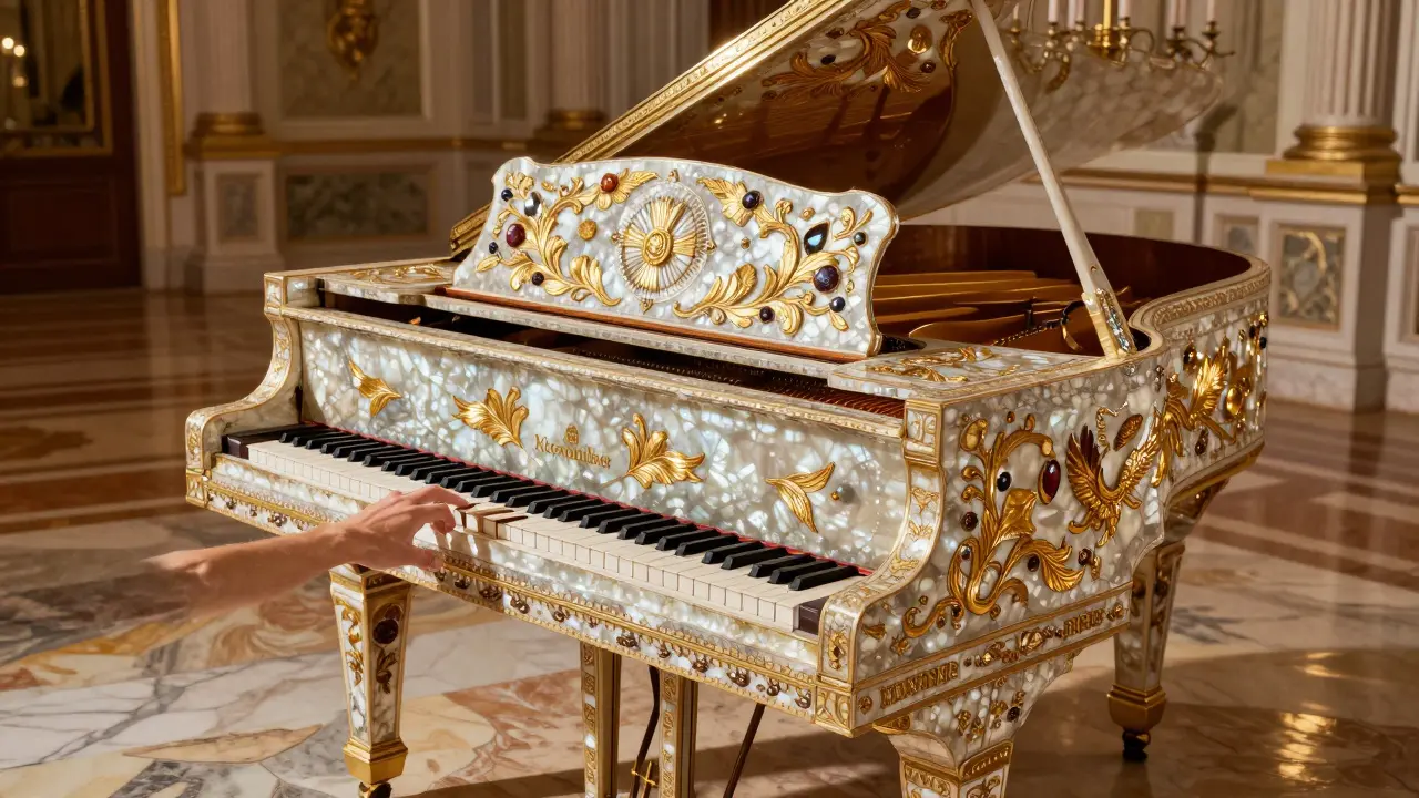 An ornate Hammer Piano with inlaid mother-of-pearl and gold leaf in a grand hall.